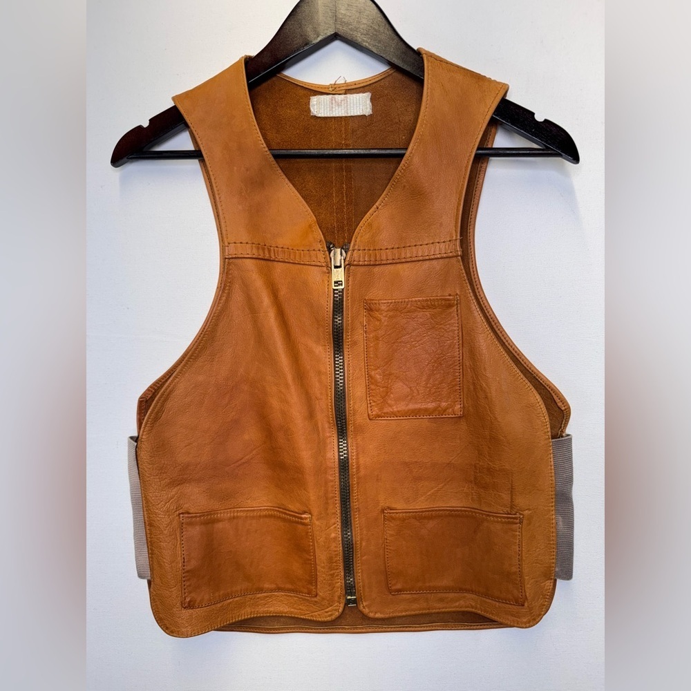 VTG‎ brown leather handmade vest full zip front men’s sz Med pockets Western